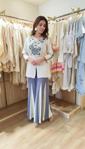 Image of ANNI Designer Women's Cotton Embroidered Co-ord Set Regular Fit Kurta Top with Palazzo Pant | Ethnic Two Piece Outfit | Casual Wear | Festive Traditional Dress for Women