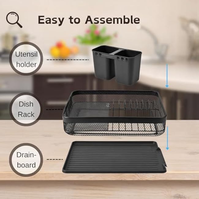 IBERG Dish Drying Rack - Dish Drainer with Utensil Holder and Drainboard, Ideal for Modern Small Households (Black)
