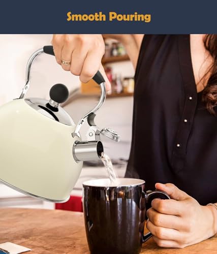 Tea Kettle, 2 Quart Stainless Steel Whistling Tea Kettle, Stovetop Whistling Teakettle Tea Pots for Stove Top with Ergonomic Folding Handle, Small Teapot, Water boiler for Tea, Coffee (White) - Thumbnail 6