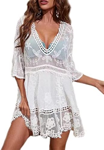 Womens Beach Dresses Crochet Lace Bikini Cover Up See Through Hollow Out Floral Beachwear 3/4 Sleeve