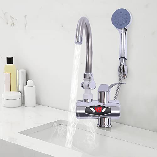 Qussse Robinet de baignoire avec douchette, chauffe-eau instantané électrique, robinet de douche chaud et froid, pour salle de bain et cuisine