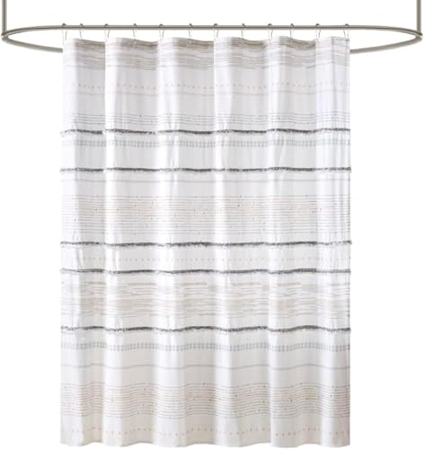 Image of INK+IVY NEA 100% Cotton Shower Curtain Boho Tassels, Multi-Color Stripe Print Machine Washable, Modern Home Bathroom Decor Bathtub Privacy Screen, 72 inch x 72 inch, Off White /Gray
