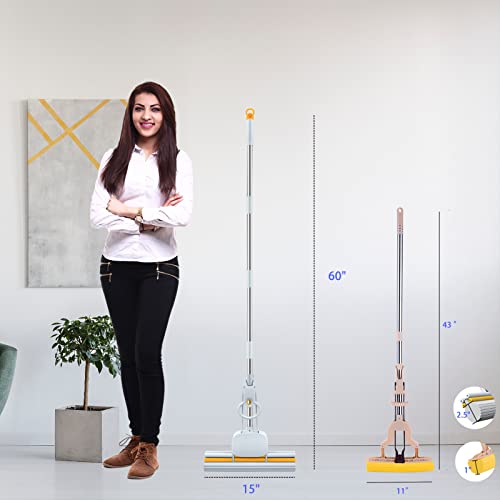 Pva Sponge Mops For Floor Cleaning Squeeze With 60" Long Handle, Self Wringing Mop With 15" Head For Kitchen Bathroom Tiles, Sponge Mops For Floor Cleaning With Wringer Dudto #TOP1