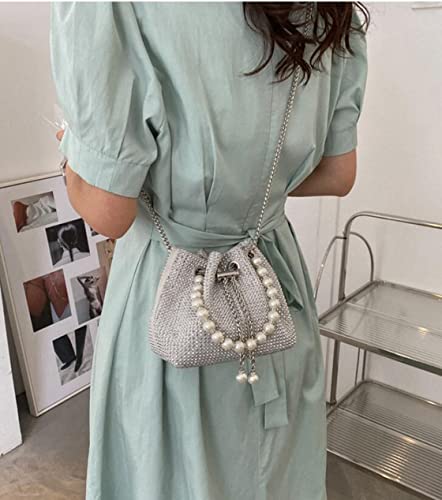 Mini Crossbody Shoulder Evening Bag Shinny Bling Clutch Purse Bucket Pearl Strap Handbag For Women (Silver) #TOP3