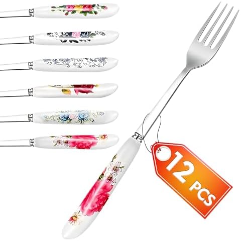 12Pcs Stainless Steel Forks Silverware Set - Reusable Silverware Dinner Forks for Restaurant Ceramic Long Handle Fork Cutlery Set - Dessert Forks and Spoons for Home Kitchen Silverware Forks Set Cover