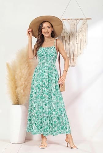 GRACE KARIN Summer Dresses for Women 2026 Vacation,Smocked Floral Maxi Dresses,Boho Beach Long Sundress Green Vine XXL — view 3
