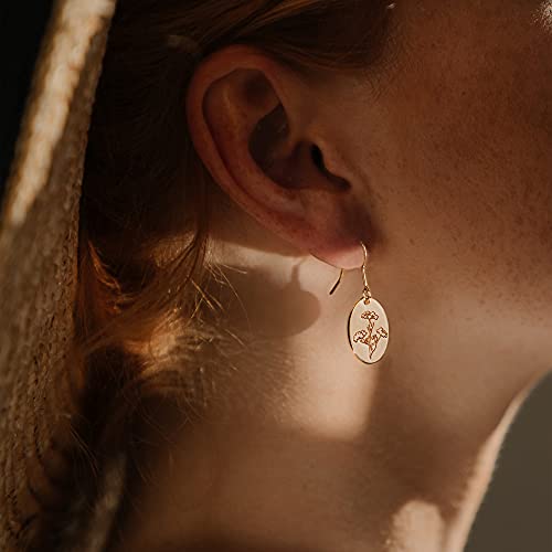 Moodear Gold Drop Earrings,Birth Flower Earrings 18K Gold Engraved Cosmos ​Birth Month Flower Dangle Earrings Dainty Minimalist Oval Floral Pendant Earring Personalized Cewelry Statement Birthday Gift For Her #TOP2