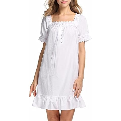 MaxxCloud Women's 100% Cotton Long Dress Short Sleeve Victorian Nightgown Nightshirt White M Cover