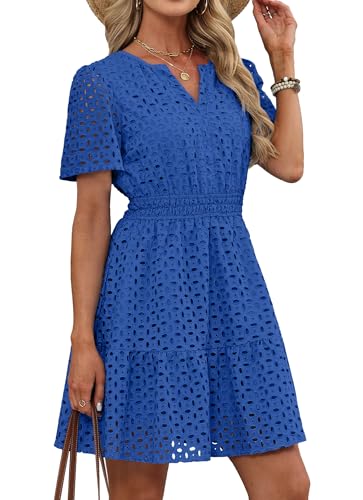 RUMIA Summer Dresses for Women 2026 V Neck Eyelet A Line Beach Dress Royal Blue Medium