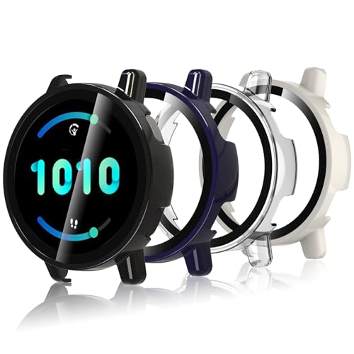 Bigqin 4 Pièces Coque Compatible avec Garmin Vivoactive 5, Coque Rigide en PC avec Protecteur d'écran, Coque HD avec Verre Trempé - Transparent, Noir,Blanc,Bleu