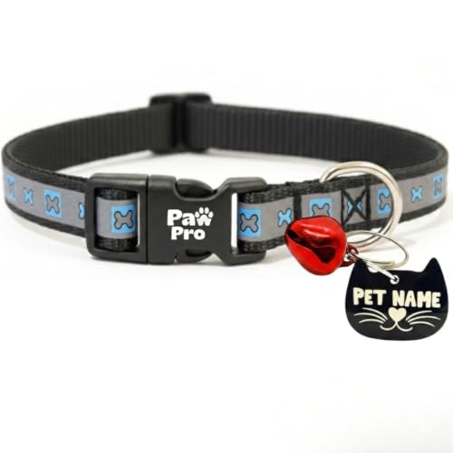 Image of PAWPRO HANDMADE Reflective Pet Collar with Custom ID Tag - Adjustable Collar with Bell for Cats & Small Dogs - Personalized Name Tag (Gray Sketch)