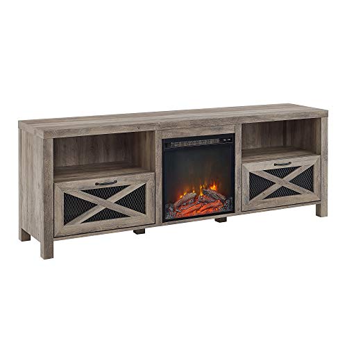 Walker Edison Calgary Industrial Farmhouse X-Drawer Metal Mesh and Wood Fireplace TV Stand for TVs up to 80 Inches, 70 Inch, Grey Wash -  W70FPABGW