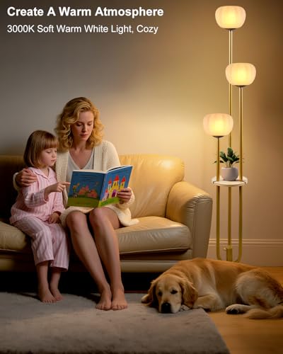 Image of Gold Floor Lamp with Table, Modern Dimmable Floor Lamps with Pumpkin Lampshade, 3000K Soft Warm White Bulbs Included, 3-Light Tall Standing Lamp with 5Lbs Heavy Base for Living Room /Bedroom