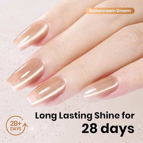 Image of Beetles Buttercream Dream Nude Cat Eye Gel Nail Polish - 15ML Full Size Nude Gel Polish Cat Eye Base Color Glitter Magnetic Translucent Glassy Effect Soak Off UV French Nail Art DIY Manicure Gifts
