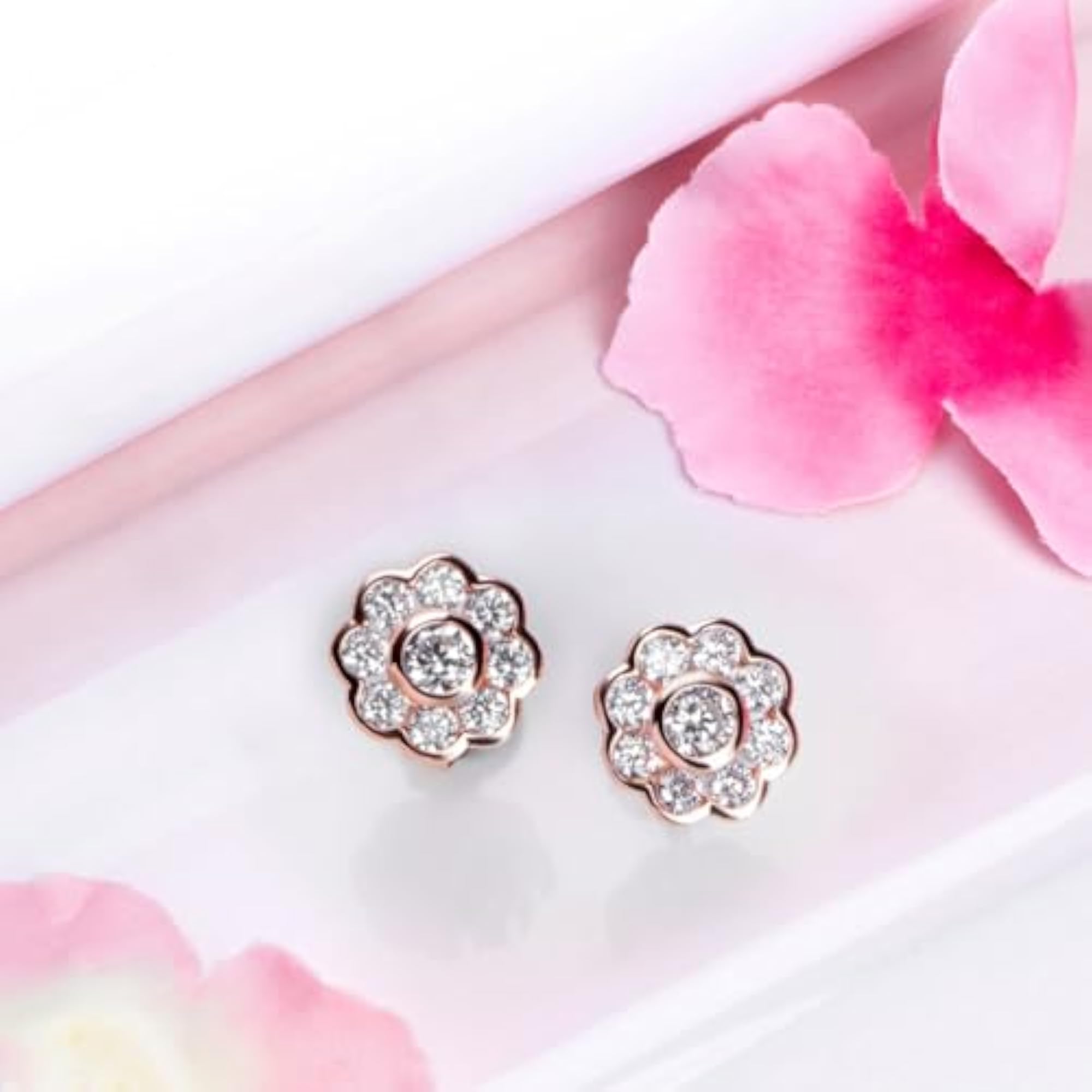 925 Silver CZ Floral Rose Stud Earrings Hallmark