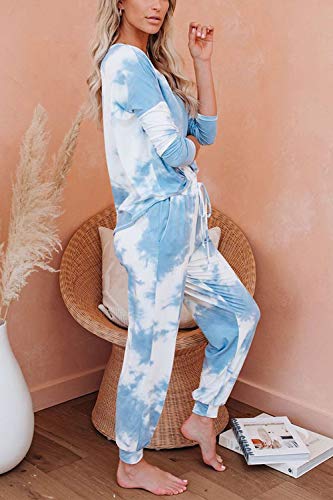 Women 2 Piece Loungewear Set Tracksuit Long Sleeve T-Shirt Joggers Pants Sweatsuits Blue S
