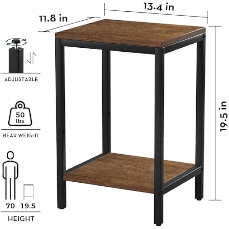 SAYGOER Wood End Tables 13.3''D Small Side Table with Storage Night Stand Metal Frames 2 Tier Bedside Table with Adjustable Feet, 1PCS, Walnut