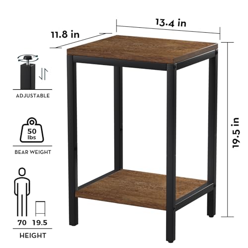 SAYGOER Wood End Tables Small Side Table with Storage Night Stand Metal Frames 2 Tier Bedside Table with Adjustable Feet, 1PCS, Walnut