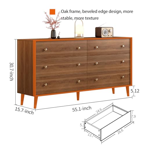 Image of Messenya 6 Drawer Dresser for Bedroom, 55 Inch Walnut Dresser for Closet, Mid Century Wood Chest of Drawers with Natural Texture & Pre-Embedded Slots for TV Stand, Living Room, Hallway, Office