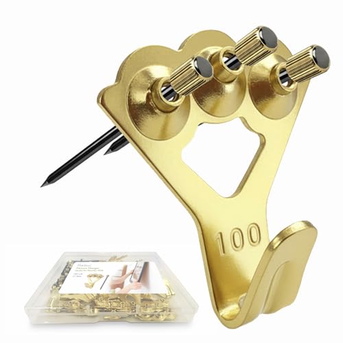 Image of Picture Hangers Heavy Duty, Extra Thick, 100 lb, Decorative Hanging Hooks Hardware for Drywall and Plaster Walls with Large Nailers and Nails, Painting, 15pcs, Gold