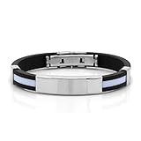 Gem Stone King 8 Inch Black & White Rubber Stainless Steel Greek Design ID Bracelet with a Clasp