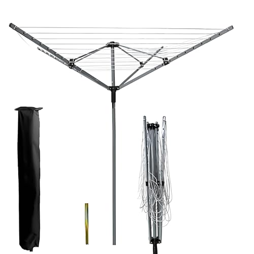 SterlingEdge 4 Arm 60M Rotary Airer Heavy Duty Washing Line Outdoor Garden Laundry Drying Clothes Folding Airer Umbrella Design Dryer with Ground Spike & Cover