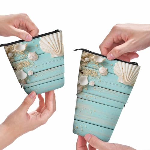 Image of Swono Seashells Pencil Holder Beach Ocean Starfish Wooden Nautical Border Stand Up Pencil Case Organizer Cosmetics Pouch For Women Men Turquoise
