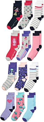 Amazon Brand - Spotted Zebra Girls  Cotton Crew Socks, 12-Pack Robots and Aliens, X-Small