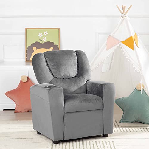 Naomi Home Suri Kids Recliner Chair with Cup Holder & Footrest, Gray Microfiber - Cozy Lounge for Toddlers & Children