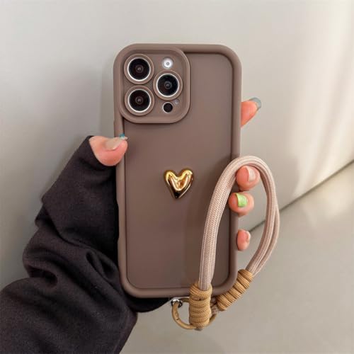 Coque silicone iPhone 14 Pro marron café avec cordon cœur