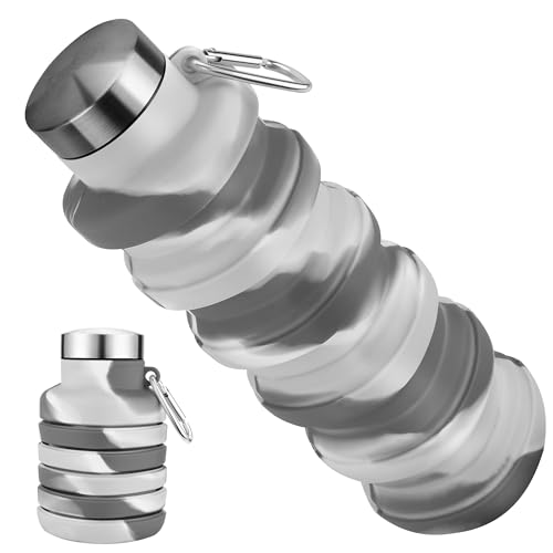 Rotayi Botellas de agua plegables, de silicona sin BPA, plegable, portátil, con mosquetón, botellas de agua reutilizables a prueba de fugas para viajes, camping, senderismo, deportes, 16 onzas, gris