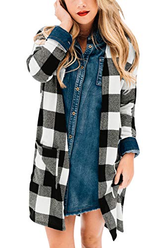 Women Buffalo Plaid Open Front Winter Cardigan Print Long Sleeve Christmas Outwear Coats Black & White S