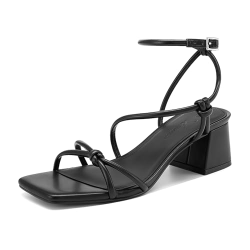 Athlefit Black Chunky Heels for Women Summer Ankle Strap Block Heels Sandals Sexy Open Square Toe Strappy Heels for Dancing Prom Dress Party Office 9