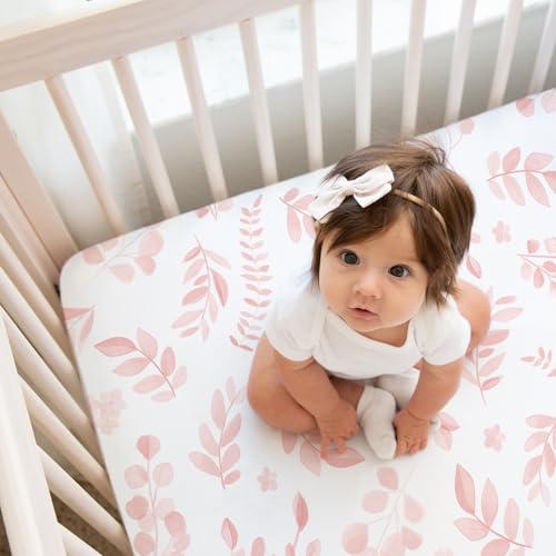 Image of Sweet Jojo Designs Blush Pink and White Boho Floral Leaf Girl Baby Fitted Crib Sheet Set Infant Newborn Nursery Toddler Bed Room Standard Mattress 2p Chic Bohemian Watercolor Botanical Flower Woodland