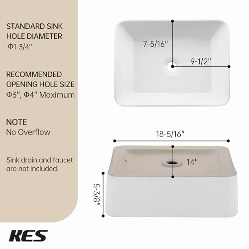 Image of KES 19x15 Inches Rectangular Bathroom Vessel Sink, White Rectangle Above Counter Countertop Porcelain Ceramic Vanity Sink, BVS110