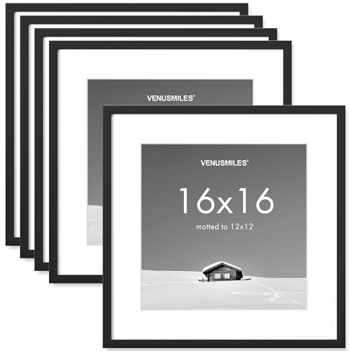 Venusmiles 16x16 inch Picture Frame, 16x16 Photo Frames with 12x12 Removable Mat - High Definition Plexiglass - Vertical and Horizontal Display - Wall Hanging Frame - Black, 5 Pack