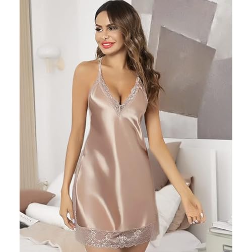 Image of Anvesha Beauty Night Dress for Women with Lace Trim | Soft V Neck Sleeveless Nighty Slip | Lightweight Comfortable Sleepwear Short Chemise Nightwear for Girls & Ladies Brown