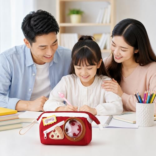 Image of Cheese Pizza Red Pencil Pouch for Girls & Boys, Large Capacity Zipper Pencil Case with Transparent Display Window & Front Pocket, Cute Food Theme Stationery Bag