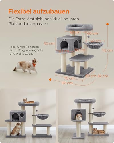 Feandrea Kratzbaum für große Katzen, XXL, hochbelastbar, Katzenturm mit 6 extra dicken Kratzsäulen, große Plattform, Höhle, Korb, flexibel aufbauen, abnehmbare, waschbare Kissen, hellgrau PCT01W