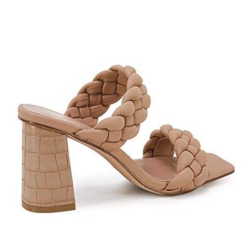 Syktkmx Womens Sandal, Braided Heeled Backless Square Open Toe Block Strappy Slip On Slide Shoes, Wide Widths #TOP2