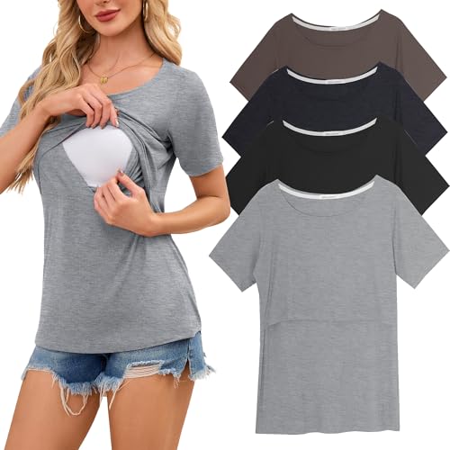 Smallshow Women's Nursing Tops Ribbed Short Sleeve Breastfeeding Shirts 4 Pack,Black-Brown-Deep Grey-Light Grey,XL