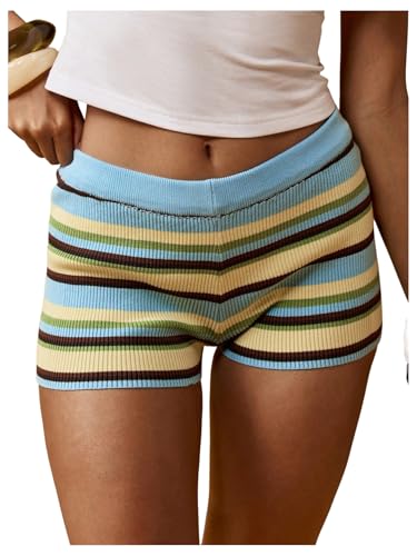 OYOANGLE Womens Y2K Summer Shorts Color Block Striped Ribbed Mini Shorts Elastic Waist Knitted Lounge Bottom Blue M