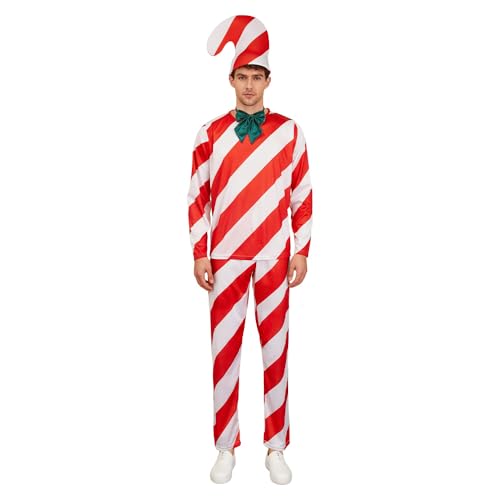 galeeup Candy Cane Costume Adult Red Christmas Cosplay Outfit Top Pants Hat Full Set Suit for Women Men (Red, X-Large)