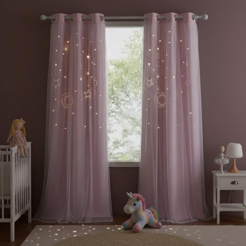 NICETOWN Kids Blackout Curtains for Bedroom - Grommet Thermal Insulated Hollow-Out Moon Star Double Layer Curtains for Nursery Living Room, Set of 2 P
