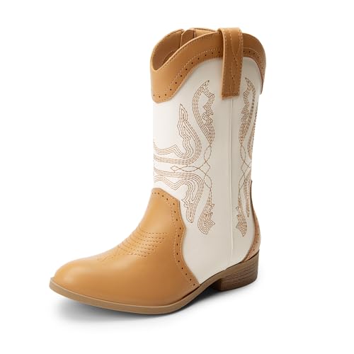DREAM PAIRS Cowgirl Boots for Girls Boys Cowboy Boots Kids Western Embroidered Mid Calf Riding Shoes with Walking Heel Toddler/Little Kid/Big Kid