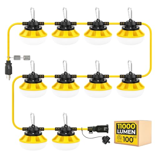 HYANGLUX 100ft Construction String Lights: 3 Prong 100w 11000lm ETL Certified Bright Industrial Outdoor Temporary Lighting Led Hanging IP65 Waterproof 18AWG Wire Work Light for Attic Jobsite Garage