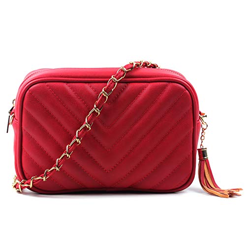 AOSSTA Women's Cross-Body Bag Designer Quilted Shoulder Bag for Women Handbag Tassel With Chain Strap (Red, S)