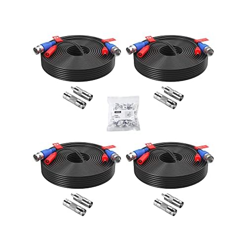 ZOSI 4 Pack 60Feet 18m All-in-One CCTV Video Power Cables, BNC Extension Security Wire Cord for 960H/720P/960P/1080P Video Surveillance Camera DVR System With BNC RCA Connector,100pcs Cable 