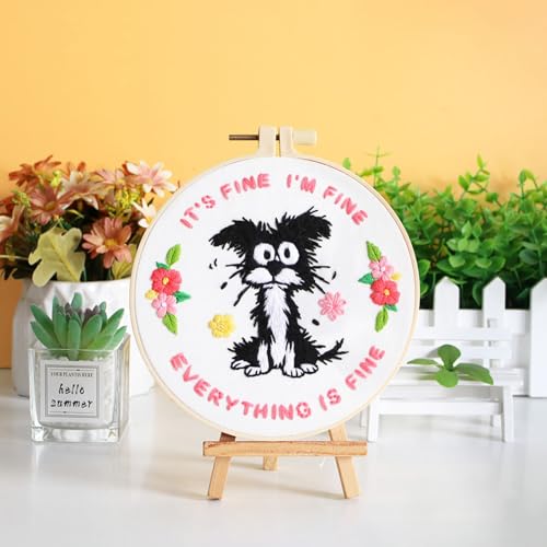 Image of Louise Maelys Funny Dog Embroidery Kit for Beginners Floral Craft | Cross Stitch Kits with Pre-Printed Fabric, Embroidery Hoop, Threads, Needles and Guide. Needlepoint Kit for Beginners