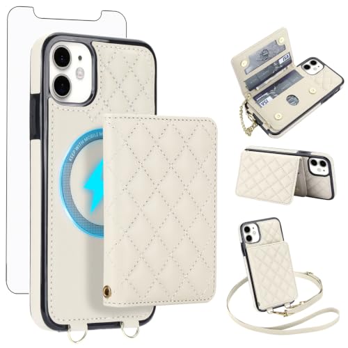 Asuwish Phone Case for iPhone 11 6.1 Wallet Cover Card Holder,White | Screen Protector,Wrist/Crossbody Strap,2-in-1 Magnetic Detachable,Wireless Charging,RFID Blocking,i Phone11 11s XI 11R Women